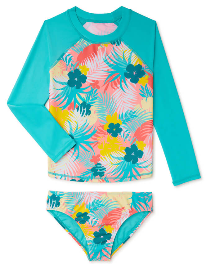 Wonder Nation Girls Tropical Floral Long Sleeve Rashguard Swim Set with UPF 50+ Sun Protection, 2 Piece by Wonder Nation