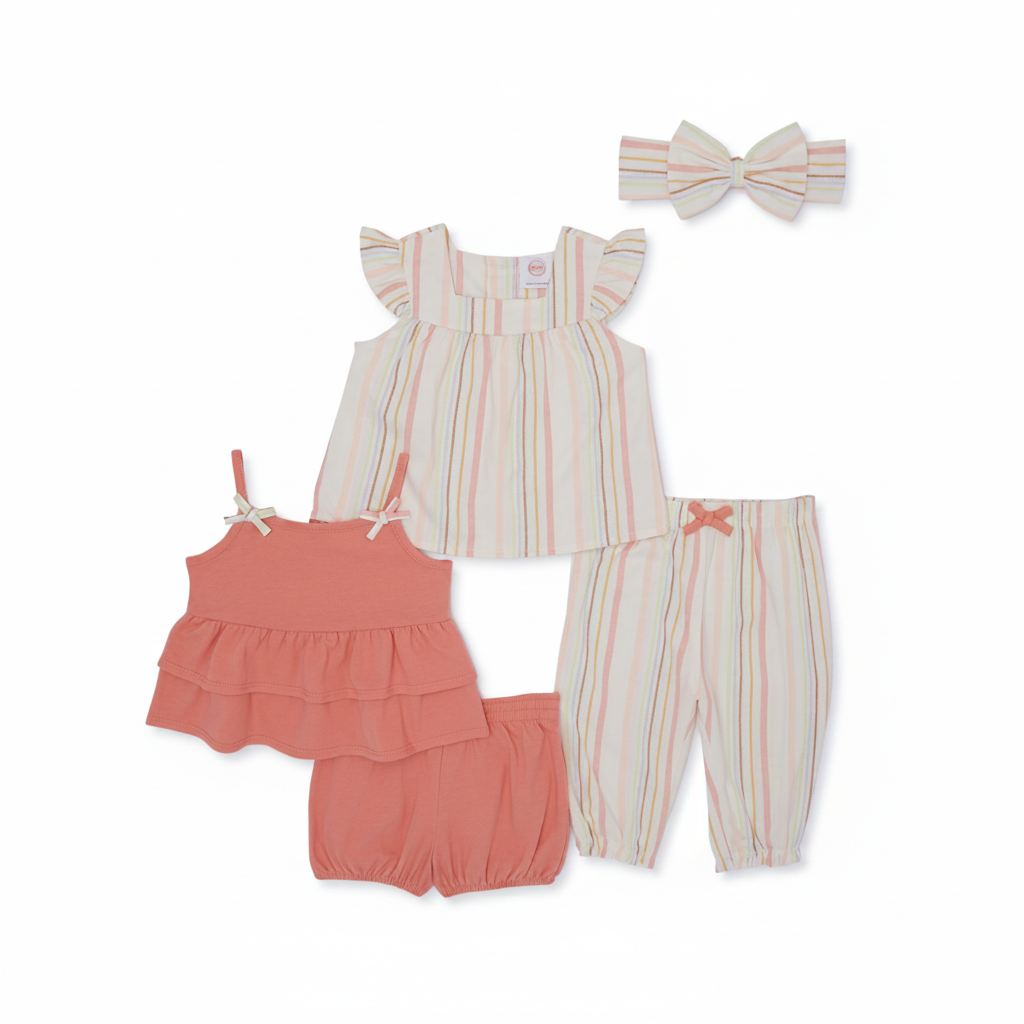 Wonder Nation Baby Girl 5-Piece Ruffle Outfit Set - front flat lay white background