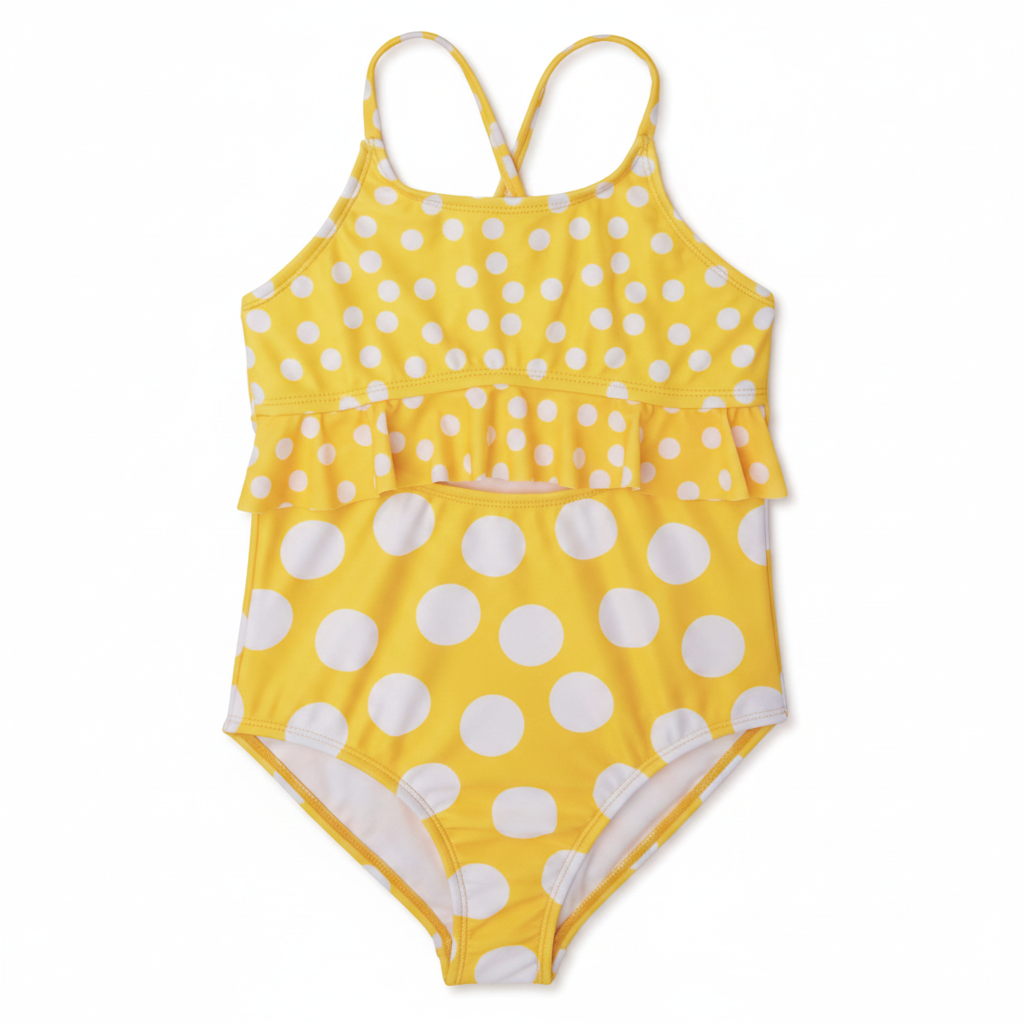 Girls bright yellow polka dot one-piece swimsuit with double ruffle peplum and cross-back straps on clean white background