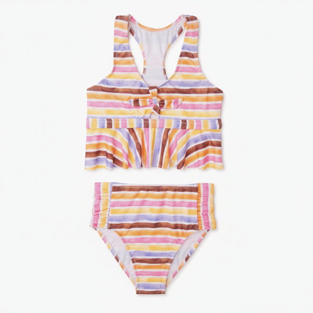 Girls multicolor watercolor stripe racerback tankini with bow-tie cutout and ruffle hem, both pieces on clean white background