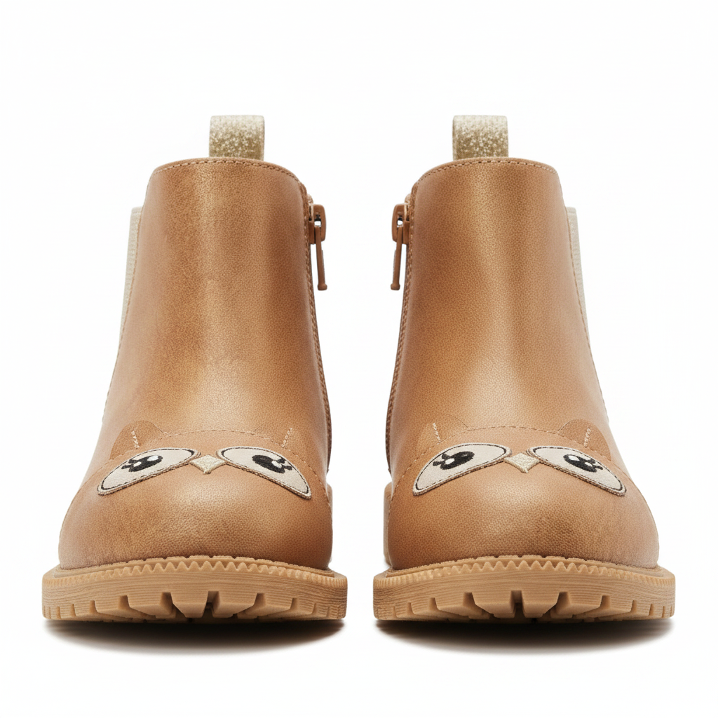 Pair of girls tan owl chelsea boots side by side on clean white background