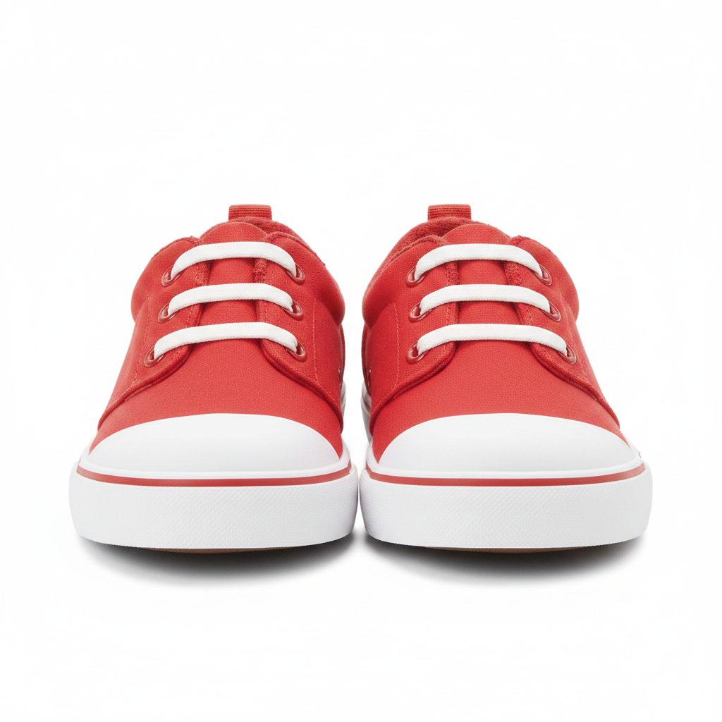 Pair of kids bright red canvas low-top sneakers side by side on clean white background