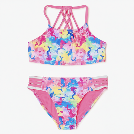 Girls rainbow tie-dye mermaid silhouette bikini set with high-neck crop top and strappy back, both pieces on clean white background