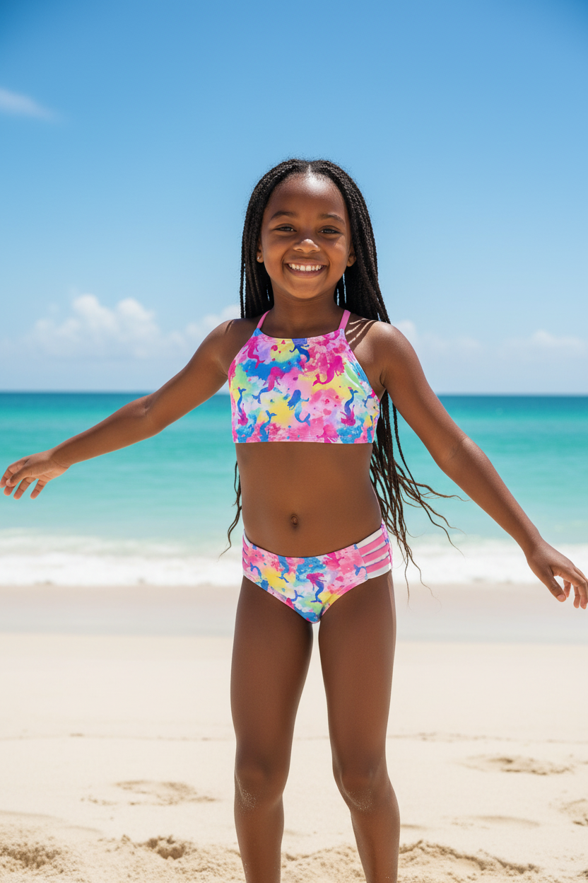 Girl with dark skin and dark hair wearing rainbow mermaid print bikini swimsuit set at sunny beach