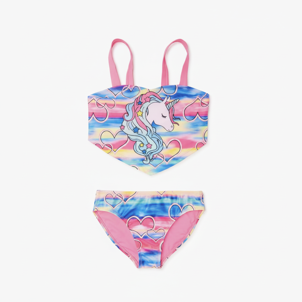 Girls rainbow stripe unicorn bandeau bikini set with heart print, both pieces shown on clean white background