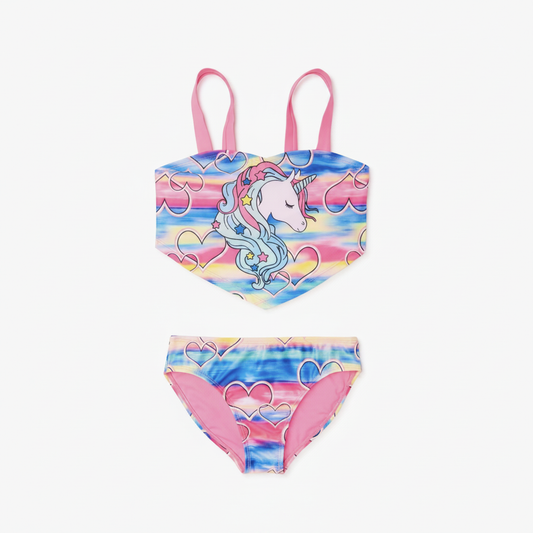 Girls rainbow stripe unicorn bandeau bikini set with heart print, both pieces shown on clean white background