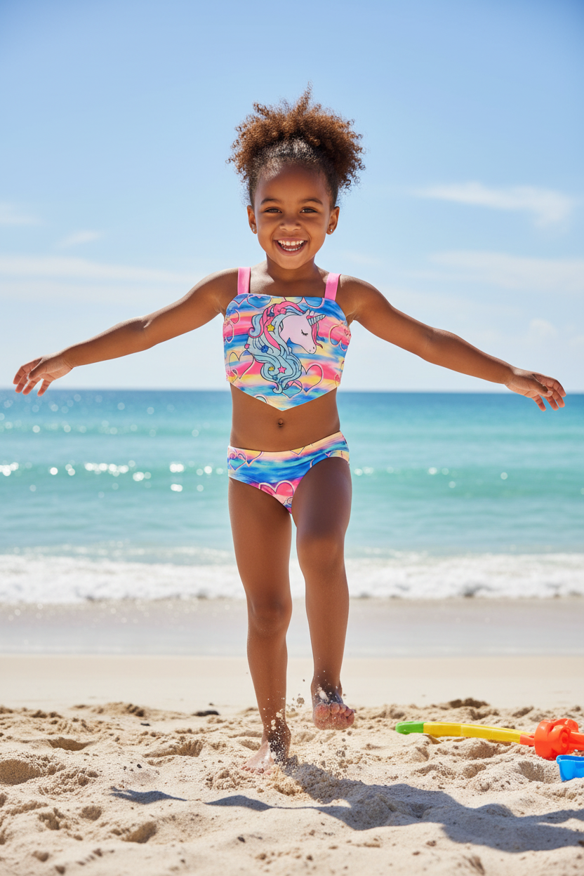 Girl with dark skin and dark hair wearing rainbow stripe unicorn bikini swimsuit set at sunny beach