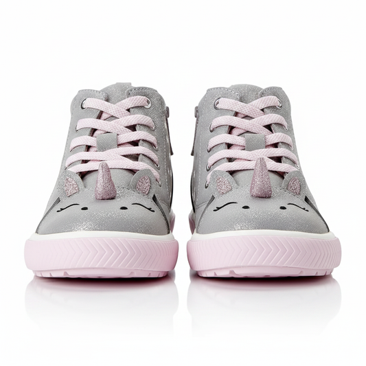 Pair of Wonder Nation toddler girl unicorn high top sneakers side by side on clean white background