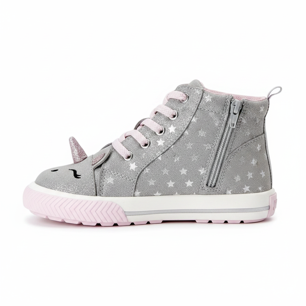 Side profile view of Wonder Nation toddler girl unicorn high top sneaker on clean white background